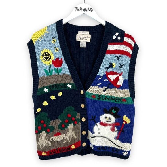 Christopher & Banks Vintage Hand Embroidered Four Seasons Wool Sweater Vest Sz L - Picture 16 of 16